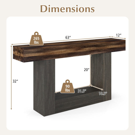 2-Tier Farmhouse Console Table 63" Long with Storage Shelf-Rustic Brown W2B