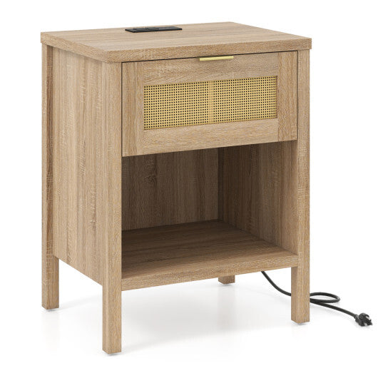 Rattan Nightstand with Charging Station and Storage Shelf for Bedroom-Oak W2B