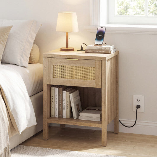 Rattan Nightstand with Charging Station and Storage Shelf for Bedroom-Oak W2B