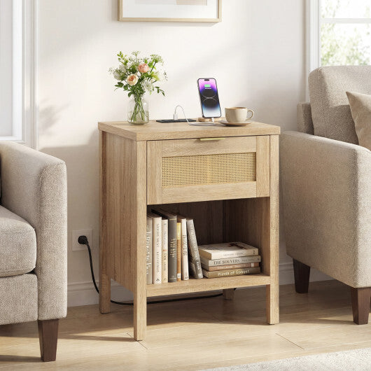 Rattan Nightstand with Charging Station and Storage Shelf for Bedroom-Oak W2B