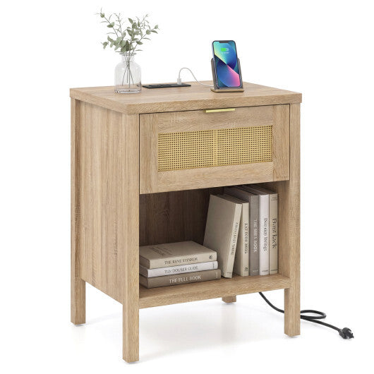 Rattan Nightstand with Charging Station and Storage Shelf for Bedroom-Oak W2B