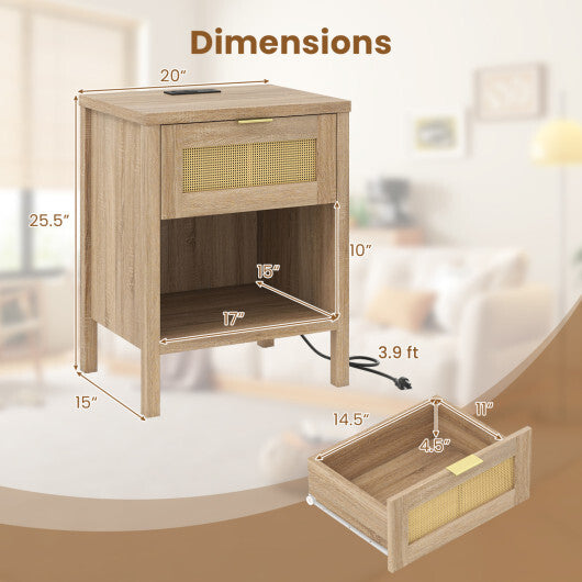Rattan Nightstand with Charging Station and Storage Shelf for Bedroom-Oak W2B
