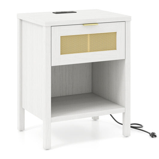 Rattan Nightstand with Charging Station and Storage Shelf for Bedroom-Oak W2B