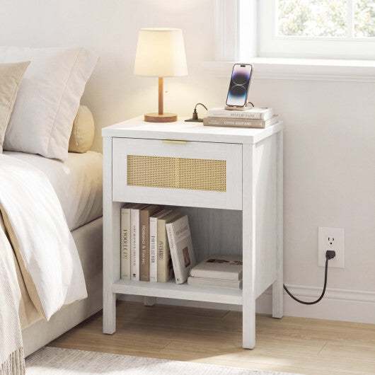 Rattan Nightstand with Charging Station and Storage Shelf for Bedroom-Oak W2B