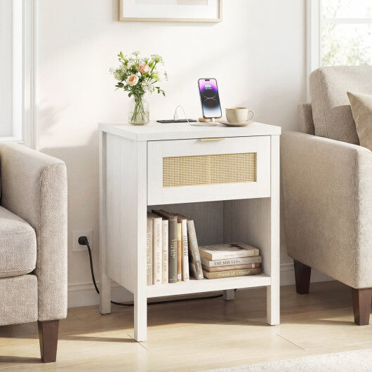 Rattan Nightstand with Charging Station and Storage Shelf for Bedroom-Oak W2B
