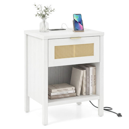 Rattan Nightstand with Charging Station and Storage Shelf for Bedroom-Oak W2B