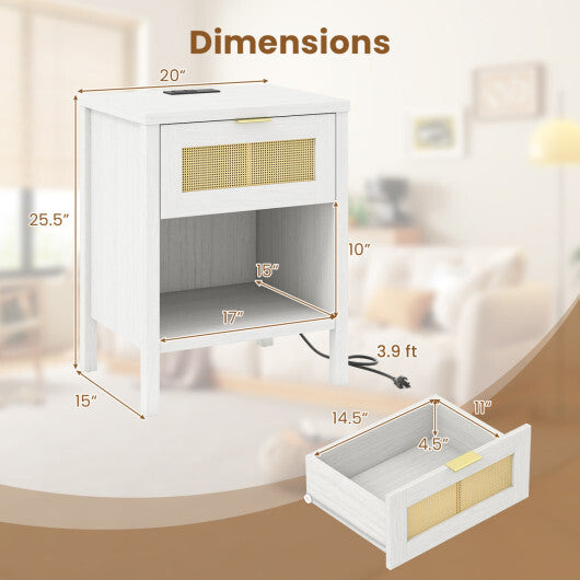 Rattan Nightstand with Charging Station and Storage Shelf for Bedroom-Oak W2B