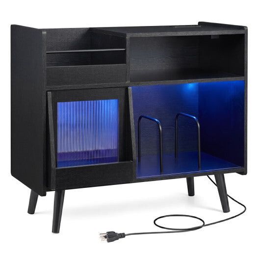 Record Player Stand with LED Light and Power Outlets-Black W2B