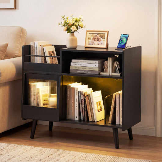 Record Player Stand with LED Light and Power Outlets-Black W2B