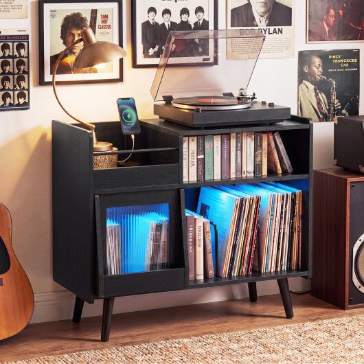 Record Player Stand with LED Light and Power Outlets-Black W2B