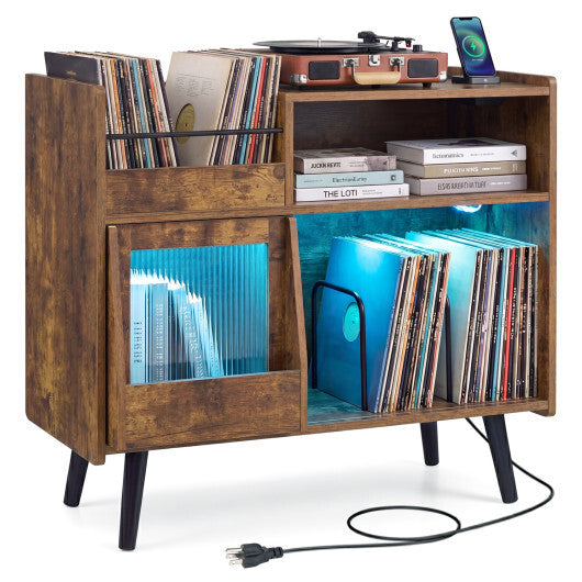 Record Player Stand with LED Light and Power Outlets-Black W2B