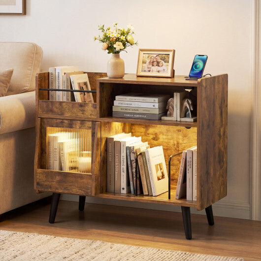 Record Player Stand with LED Light and Power Outlets-Black W2B