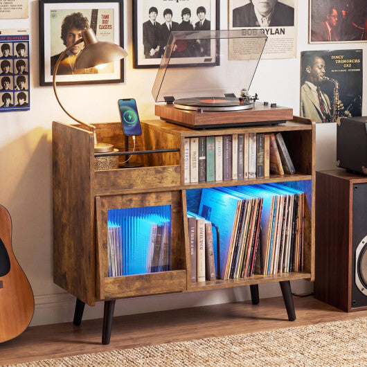 Record Player Stand with LED Light and Power Outlets-Black W2B