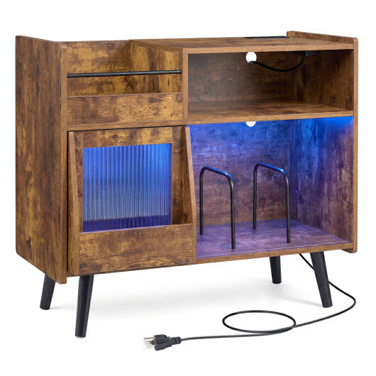 Record Player Stand with LED Light and Power Outlets-Black W2B