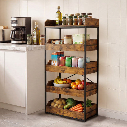 5-Tier Food Storage Rack with 4 Pull-out Drawers and Adjustable Feet-Rustic Brown W2B