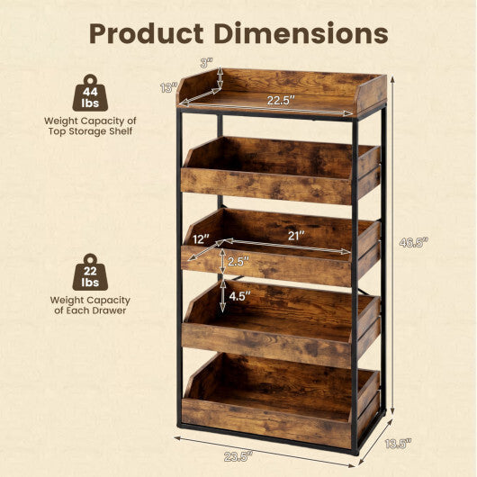 5-Tier Food Storage Rack with 4 Pull-out Drawers and Adjustable Feet-Rustic Brown W2B