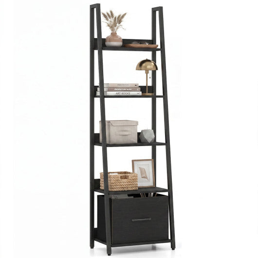 5-Tier Ladder Bookshelf with Fabric Drawer for Living Room and Home Office-Black W2B