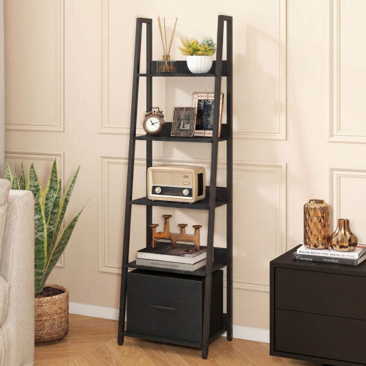 5-Tier Ladder Bookshelf with Fabric Drawer for Living Room and Home Office-Black W2B