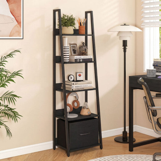 5-Tier Ladder Bookshelf with Fabric Drawer for Living Room and Home Office-Black W2B