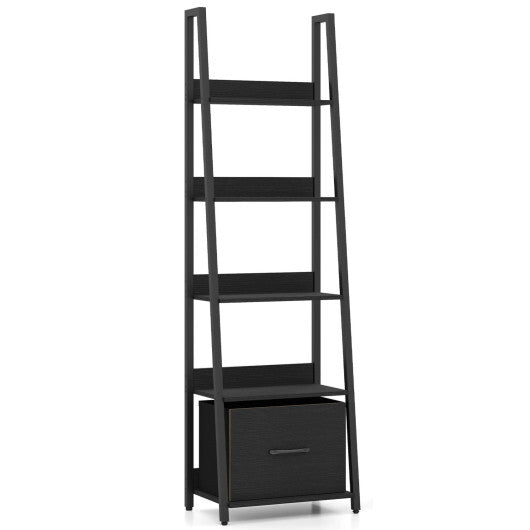 5-Tier Ladder Bookshelf with Fabric Drawer for Living Room and Home Office-Black W2B