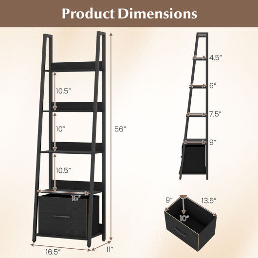 5-Tier Ladder Bookshelf with Fabric Drawer for Living Room and Home Office-Black W2B
