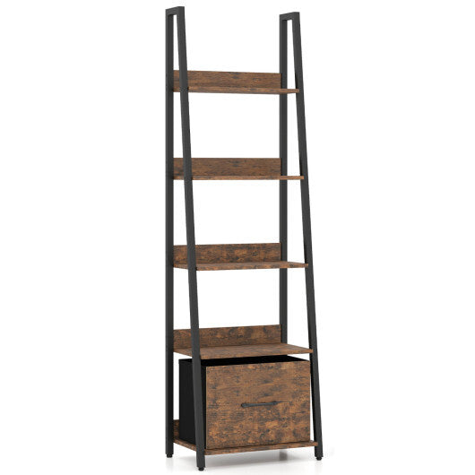 5-Tier Ladder Bookshelf with Fabric Drawer for Living Room and Home Office-Black W2B