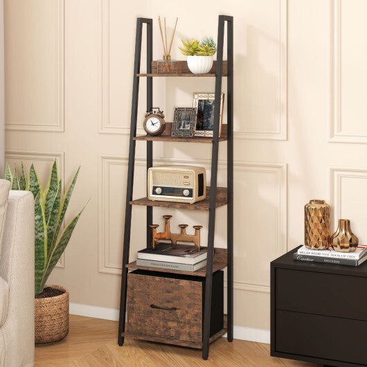 5-Tier Ladder Bookshelf with Fabric Drawer for Living Room and Home Office-Black W2B