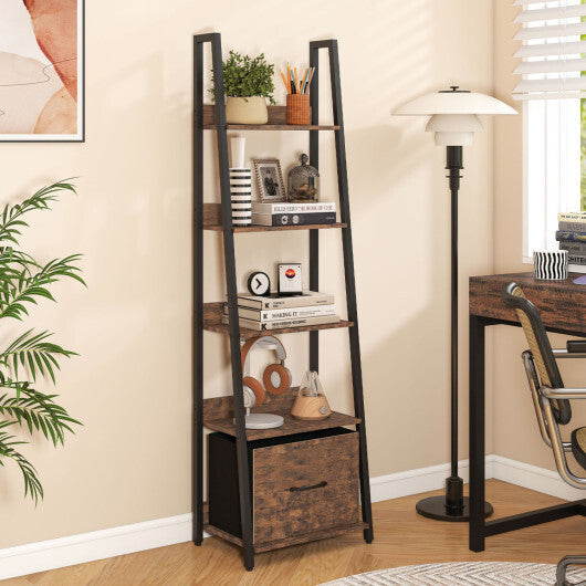 5-Tier Ladder Bookshelf with Fabric Drawer for Living Room and Home Office-Black W2B