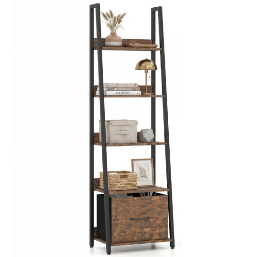 5-Tier Ladder Bookshelf with Fabric Drawer for Living Room and Home Office-Black W2B