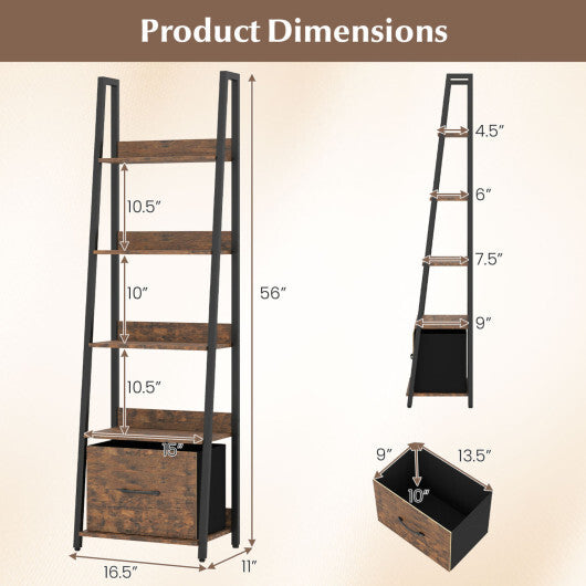 5-Tier Ladder Bookshelf with Fabric Drawer for Living Room and Home Office-Black W2B