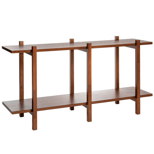 2-Tier Wood Bookshelf Low Horizontal Rubberwood Bookcase for Display-Walnut W2B