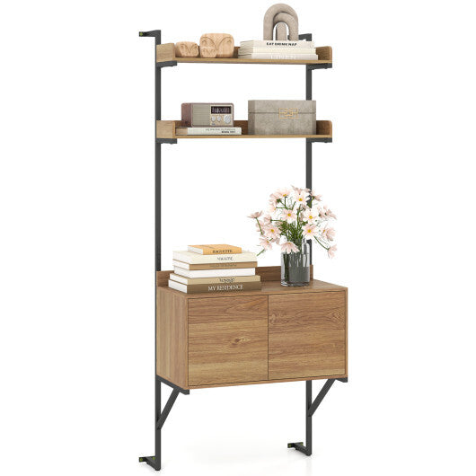 Tall Ladder Shelf with Storage Cabinet Narrow Wall Mounted Ladder Bookcase-Natural W2B