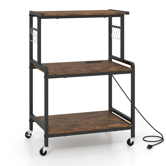 3-Tier Rolling Microwave Cart with Power Outlet and Lockable Wheels and 10 Hooks-Rustic Brown W2B