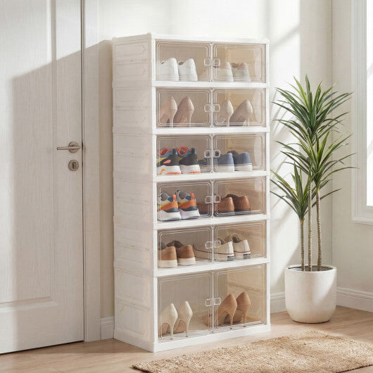 Foldable Shoe Rack Organizer 12-Pair 6-Tier Collapsible Shoe Cabinet-White W2B