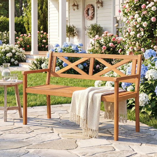 2-Person Patio Acacia Wood Garden Chair with Armrests and Backrest for Backyard W2B