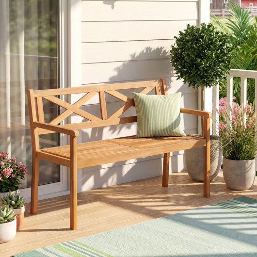 2-Person Patio Acacia Wood Garden Chair with Armrests and Backrest for Backyard W2B