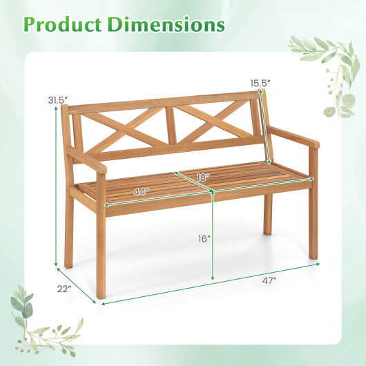 2-Person Patio Acacia Wood Garden Chair with Armrests and Backrest for Backyard W2B