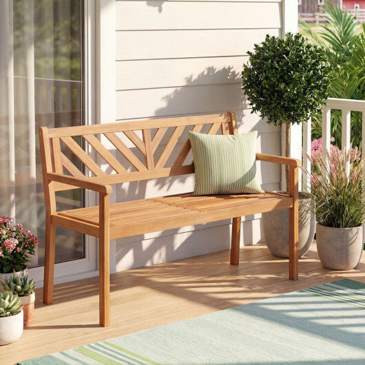 2-Person Patio Acacia Wood Garden Chair with Armrests and Backrest for Porch W2B