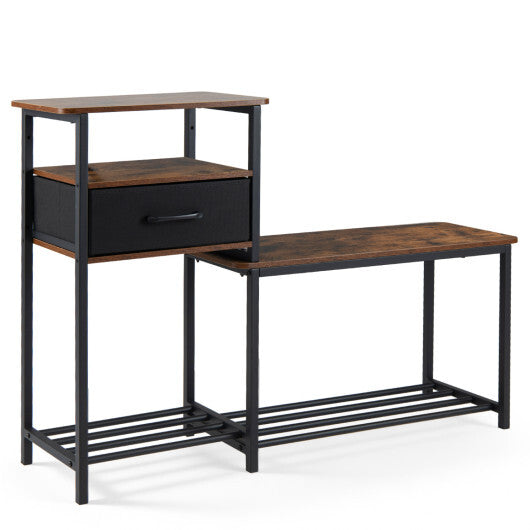 3-Tier Shoe Storage Rack Bench with Drawer and Metal Frame-Rustic Brown W2B