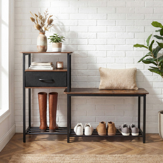 3-Tier Shoe Storage Rack Bench with Drawer and Metal Frame-Rustic Brown W2B