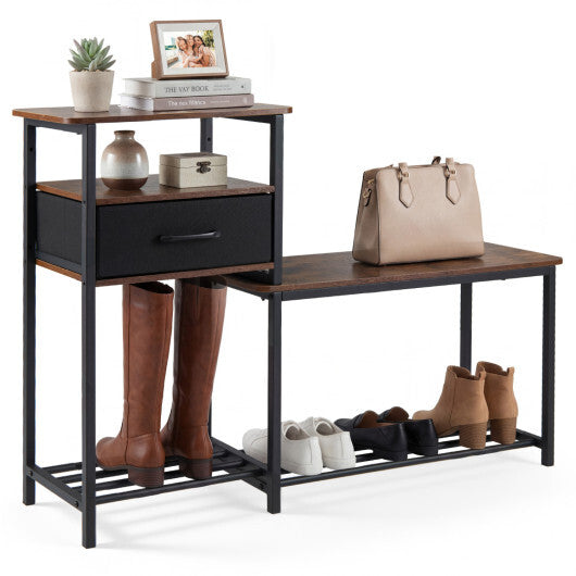 3-Tier Shoe Storage Rack Bench with Drawer and Metal Frame-Rustic Brown W2B