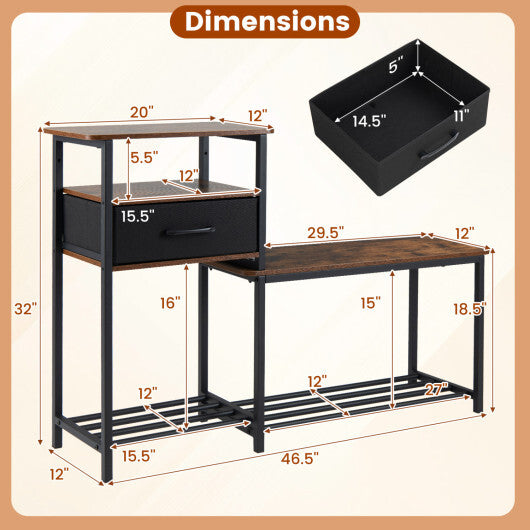 3-Tier Shoe Storage Rack Bench with Drawer and Metal Frame-Rustic Brown W2B