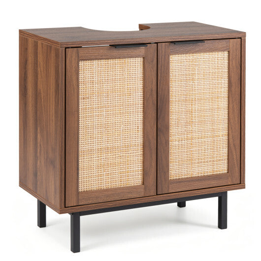 Bathroom Vanity Cabinet with U-Shaped Cut-Out 2 Rattan Doors and Shelf-Brown W2B