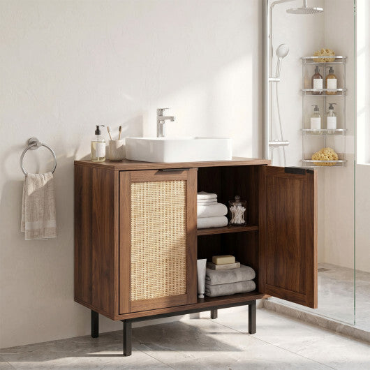 Bathroom Vanity Cabinet with U-Shaped Cut-Out 2 Rattan Doors and Shelf-Brown W2B
