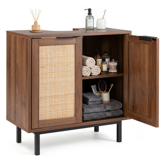 Bathroom Vanity Cabinet with U-Shaped Cut-Out 2 Rattan Doors and Shelf-Brown W2B