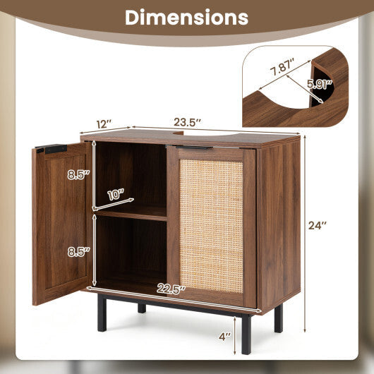 Bathroom Vanity Cabinet with U-Shaped Cut-Out 2 Rattan Doors and Shelf-Brown W2B
