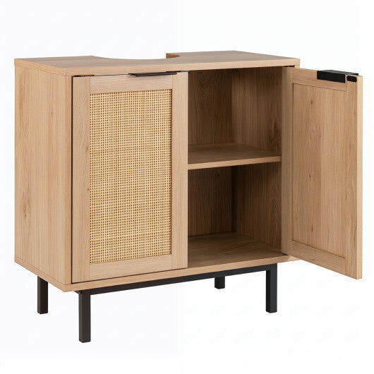 Bathroom Vanity Cabinet with U-Shaped Cut-Out 2 Rattan Doors and Shelf-Brown W2B