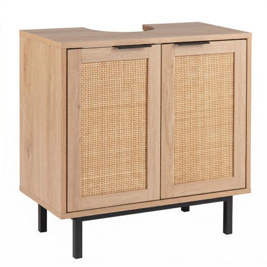 Bathroom Vanity Cabinet with U-Shaped Cut-Out 2 Rattan Doors and Shelf-Brown W2B