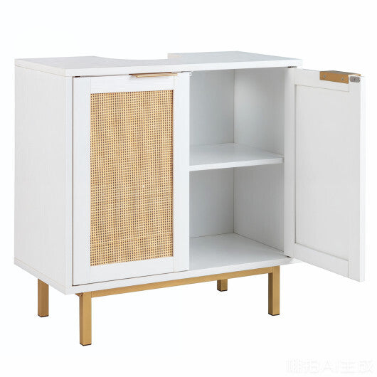 Bathroom Vanity Cabinet with U-Shaped Cut-Out 2 Rattan Doors and Shelf-Brown W2B