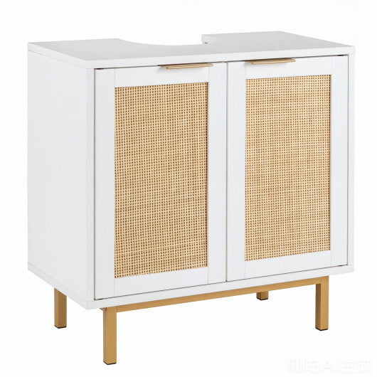 Bathroom Vanity Cabinet with U-Shaped Cut-Out 2 Rattan Doors and Shelf-Brown W2B